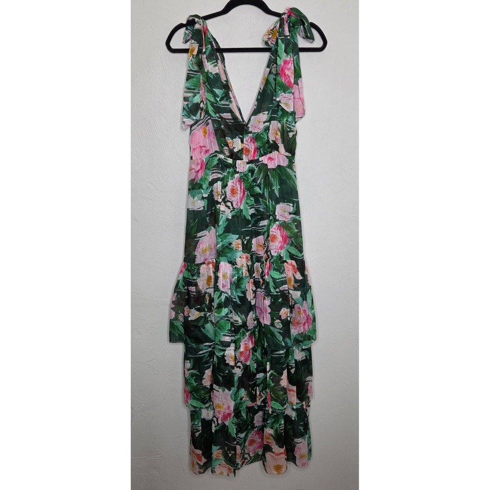 CHRISTY LYNN Sheer Linen Silk Dress Women's Size Small Tiered Floral Green Pink